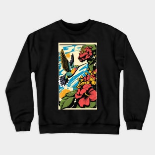 Hummingbird Vibrant Tropical Flower Tall Retro Vintage Digital Pop Art Portrait 2 Crewneck Sweatshirt